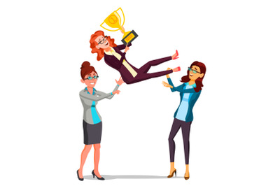 Winner Business Woman Vector. Throwing Colleague Up. Business People Celebrating Victory. With Golden Trophy. First. Prize. Flat Cartoon Illustration