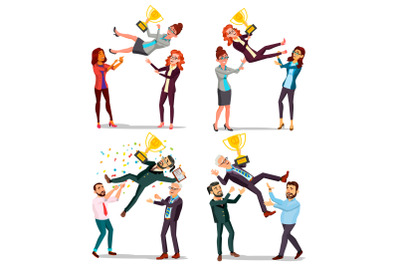 Winner Business People Set Vector. Man, Woman. Throwing Colleague Up. Colleague Celebrating Goal Achievement. First. Prize. Holding Golden Cup. Champion Number One. Flat Cartoon Illustration