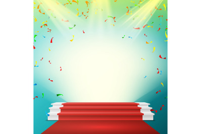 White Winner Podium Vector. Red Carpet, Falling Confetti Explosion. Stage For Awards Ceremony. Pedestal. Spotlight. Award Illustration