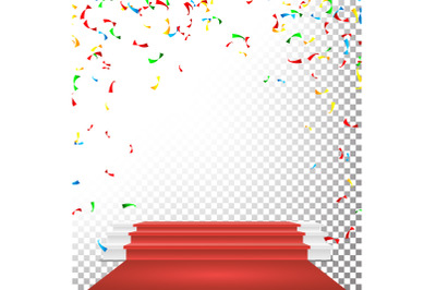 Festive Stage Podium Scene Vector. Falling Confetti Explosion. Red Circle Podium. Award Transparent Background Illustration