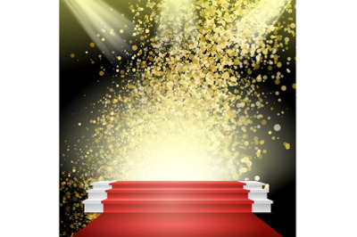 White Winners Podium Vector. Red Carpet. Gold Glitter Cloud Or Shining Particles Explosion. Stage For Awards Ceremony. Illustration