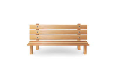 Wooden Bench Realistic Vector Illustration. Single Wooden Park Bench On White