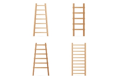 Wooden Step Ladder. Vector Set Of Various Ladders. Classic Staircase Isolated On White Background. Realistic Illustration.