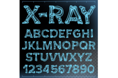 X-ray Font Vector. Transparent Roentgen Alphabet. Radiology 3D Scan. Abc. Blue Bone. Medical Typography. Capitals Letters And Numbers. Isolated Illustration