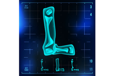 L Letter Vector. Capital Digit. Roentgen X-ray Font Light Sign. Medical Radiology Neon Scan Effect. Alphabet. 3D Blue Light Digit With Bone. Medical, Hospital, Futuristic, Horror Style. Illustration