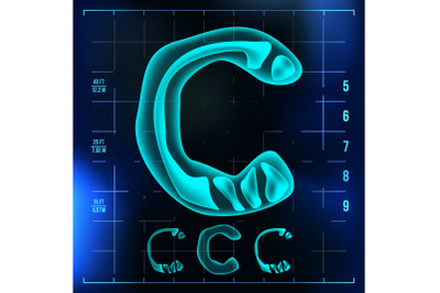 C Letter Vector. Capital Digit. Roentgen X-ray Font Light Sign. Medical Radiology Neon Scan Effect. Alphabet. 3D Blue Light Digit With Bone. Medical&2C; Hospital&2C; Futuristic&2C; Horror Style. Illustration