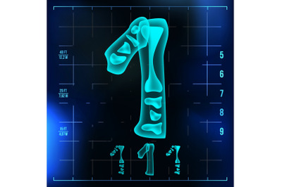 1 Number Vector. One Roentgen X-ray Font Light Sign. Medical Radiology Neon Scan Effect. Alphabet. 3D Blue Light Digit With Bone. Medical, Hospital, Pirate, Futuristic Style. Illustration