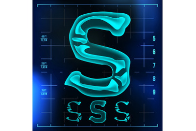 S Letter Vector. Capital Digit. Roentgen X-ray Font Light Sign. Medical Radiology Neon Scan Effect. Alphabet. 3D Blue Light Digit With Bone. Medical, Pirate, Futuristic, Horror Style. Illustration