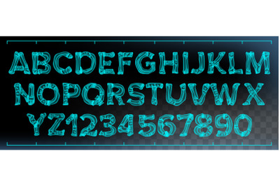 X-ray Font Vector. Transparent Roentgen Decorative Alphabet. Radiology Neon Scan Effect. Blue Bone. Futuristic Medical Light Typography. Capitals Letters And Numbers. Isolated Typeset Illustration