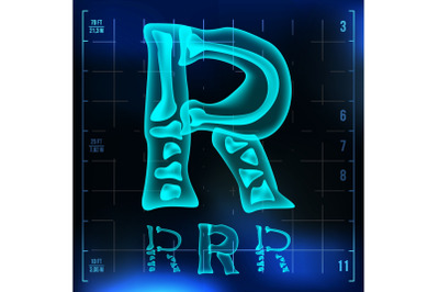 R Letter Vector. Capital Digit. Roentgen X-ray Font Light Sign. Medical Radiology Neon Scan Effect. Alphabet. 3D Blue Light Digit With Bone. Medical, Pirate, Futuristic, Horror Style. Illustration