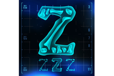 Z Letter Vector. Capital Digit. Roentgen X-ray Font Light Sign. Medical Radiology Neon Scan Effect. Alphabet. 3D Blue Light Digit With Bone. Medical&2C; Hospital&2C; Pirate&2C; Futuristic Style. Illustration