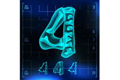 4 Number Vector. Four Roentgen X-ray Font Light Sign. Medical Radiology Neon Scan Effect. Alphabet. 3D Blue Light Digit With Bone. Medical&2C; Hospital&2C; Pirate&2C; Futuristic Style. Illustration