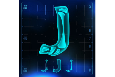 J Letter Vector. Capital Digit. Roentgen X-ray Font Light Sign. Medical Radiology Neon Scan Effect. Alphabet. 3D Blue Light Digit With Bone. Medical&2C; Hospital&2C; Futuristic&2C; Horror Style. Illustration