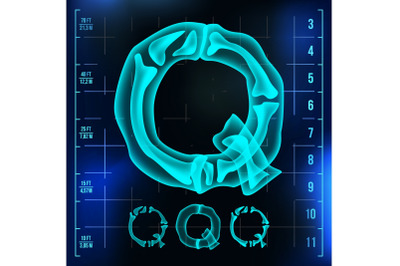 Q Letter Vector. Capital Digit. Roentgen X-ray Font Light Sign. Medical Radiology Neon Scan Effect. Alphabet. 3D Blue Light Digit With Bone. Medical, Hospital, Pirate, Futuristic Style. Illustration