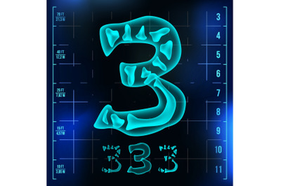 3 Number Vector. Three Roentgen X-ray Font Light Sign. Medical Radiology Neon Scan Effect. Alphabet. 3D Blue Light Digit With Bone. Medical, Hospital, Pirate, Futuristic Style. Illustration