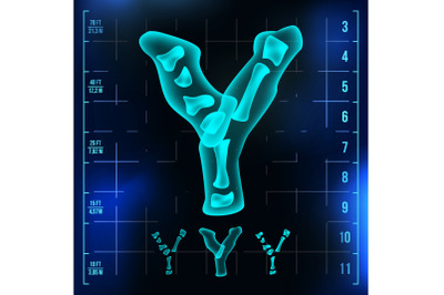 Y Letter Vector. Capital Digit. Roentgen X-ray Font Light Sign. Medical Radiology Neon Scan Effect. Alphabet. 3D Blue Light Digit With Bone. Medical, Hospital, Pirate, Futuristic Style. Illustration