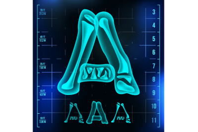 A Letter Vector. Capital Digit. Roentgen X-ray Font Light Sign. Medical Radiology Neon Scan Effect. Alphabet. 3D Blue Light Digit With Bone. Medical, Hospital, Futuristic, Horror Style. Illustration