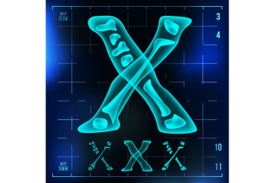 X Letter Vector. Capital Digit. Roentgen X-ray Font Light Sign. Medical Radiology Neon Scan Effect. Alphabet. 3D Blue Light Digit With Bone. Medical, Hospital, Pirate, Futuristic Style. Illustration