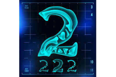 2 Number Vector. Two Roentgen X-ray Font Light Sign. Medical Radiology Neon Scan Effect. Alphabet. 3D Blue Light Digit With Bone. Medical, Hospital, Pirate, Futuristic Style. Illustration