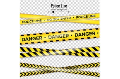 Yellow With Black Police Line. Do Not Enter, Danger. Security Quarantine Tapes. Isolated On Transparent Background. Vector Illustration