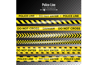 Yellow With Black Police Line. Do Not Enter, Danger. Security Quarantine Tapes. Isolated On Transparent Background. Vector Illustration