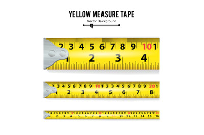 Yellow Measure Tape Vector. Centimeter And Inch. Measure Tool Equipment Illustration Isolated On White Background. Several Variants, Proportional Scaled.