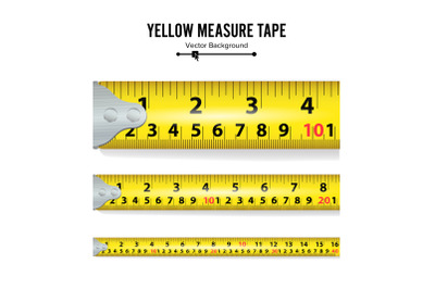 Yellow Measure Tape Vector. Measure Tool Equipment In Inches. Several Variants, Proportional Scaled.