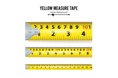 Yellow Measure Tape Vector. Measure Tool Equipment In Centimeters. Several Variants, Proportional Scaled.