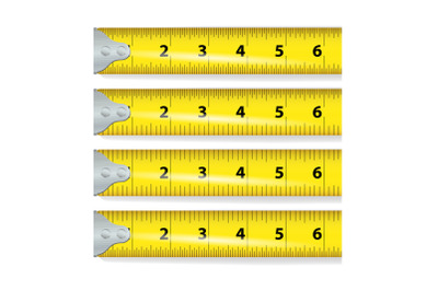 Yellow Measure Tape Vector. Centimeter And Inch. Measure Tool Equipment Illustration Isolated On White Background. Several Variants, Proportional Scaled.