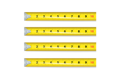 Yellow Measure Tape Vector. Centimeter And Inch. Measure Tool Equipment Illustration Isolated On White Background. Several Variants, Proportional Scaled.