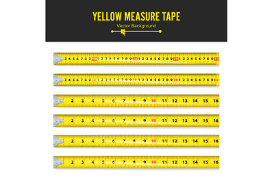 Yellow Measure Tape Vector. Measure Tool Equipment In Inches. Several Variants, Proportional Scaled.