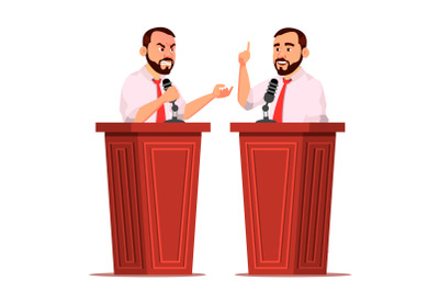 Speaker Man Vector. Podium With Microphone. Giving Public Speech. Debates. Presentation. Isolated Flat Cartoon Character Illustration