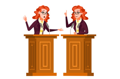 Speaker Woman Vector. Podium With Microphone. Giving Public Speech. Debates. Presentation. Isolated Flat Cartoon Character Illustration