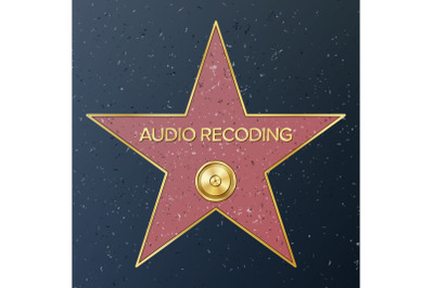 Hollywood Walk Of Fame. Vector Star Illustration. Famous Sidewalk Boulevard. Phonograph Record Representing Audio Recording Or Music. Public Monument To Achievement