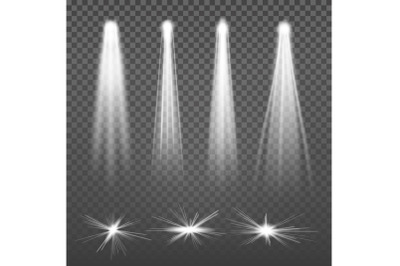 White Beam Lights Spotlights Vector. Glowing Light Effects Isolated On Transparent Background. Set Of Spotlights Lighting