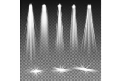 White Beam Lights Spotlights Vector. Scene Illumination. Transparent Effects On A Plaid Dark Background. Bright Lighting