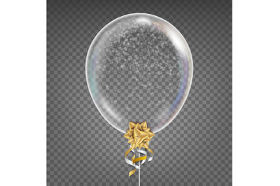 Transparent Balloon Vector. Snowflake. Gold Bow. Shiny Clean Ballon In The Air. Party Decoration For Festival&2C; Birthday&2C; Holidays Design. Isolated Illustration