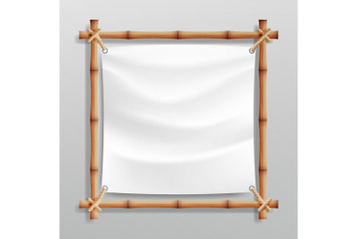 Bamboo Frame Vector With White Canvas. Wooden Frame Of Bamboo Sticks Swathed In Rope. Banner Template