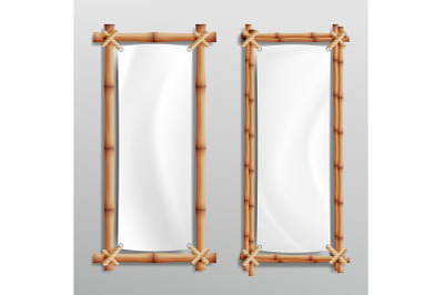 Bamboo Frame Realistic. Vector Bamboo Stems With Rope And Paper Or Silk Canvas.