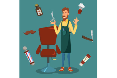 Cute Barber Vector. Cartoon Happy Hipster Barber Man. Professional Barber Ready To Do A Trendy Haircut. Isolated Illustration.