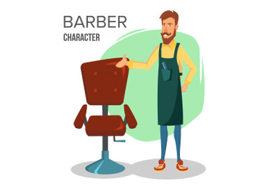 Cartoon Barber Character Vector. Classic Lounge Chair. Happy Professional Barber Standing At Workplace. Cartoon Illustration.