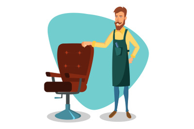 Cute Barber Vector. Cartoon Happy Hipster Barber Man. Professional Barber Ready To Do A Trendy Haircut. Isolated Illustration.