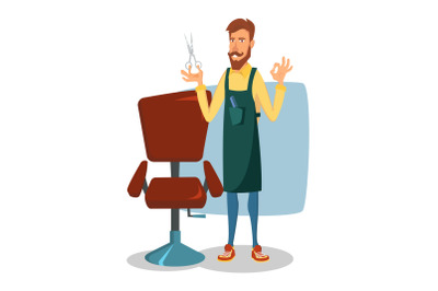 Barber Character Vector. Modern Barber Shop. Classic Lounge Chair. Cartoon Isolated Illustration.