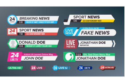 TV News Bars Set Vector. Sign Of Lower Third. live News&2C; Ultra HD. Banners For Broadcasting Television Video. Isolated Illustration