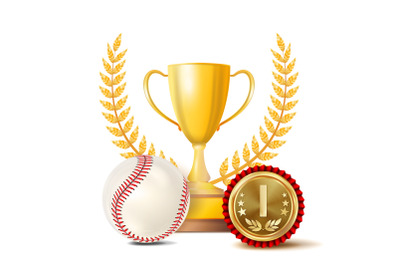 Baseball Achievement Award Vector. Sport Banner Background. White Ball&2C; Red Stitches&2C; Winner Cup&2C; Golden 1st Place Medal. Realistic Isolated Illustration