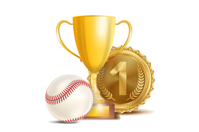 Baseball Award Vector. Sport Banner Background. White Ball With Red Stitches&2C; Gold Winner Trophy Cup&2C; Golden 1st Place Medal. 3D Realistic Isolated Illustration