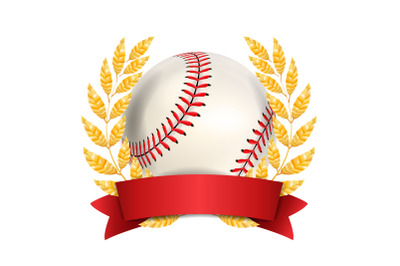 Baseball Award Vector. Sport Banner Background. White Ball&2C; Red Stitches&2C; Red Ribbon&2C; Laurel Wreath. 3D Realistic Isolated Illustration