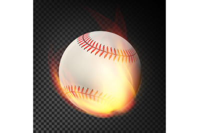 Flaming Realistic Baseball Ball On Fire Flying Through The Air. Burning Ball On Transparent Background