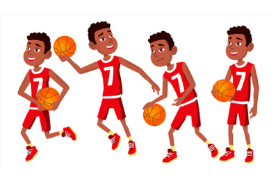 Basketball Player Child Set Vector. Various Poses. Athlete In Uniform With Ball. Sport Game Competition. Game. Isolated Flat Cartoon Illustration