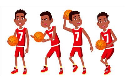 Basketball Player Child Set Vector. Different Poses. Leads The Ball. Sport Game Competition. Sport. Isolated Flat Cartoon Illustration